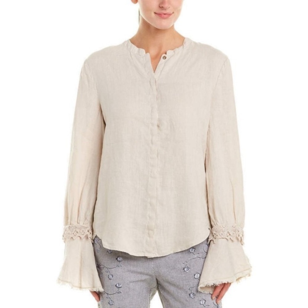 XCVI Women's Long Bell Sleeve Button Down Linen Top Size XS